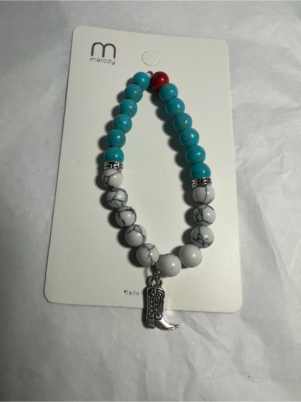 Turquoise & White Beaded Bracelet with Cowboy Boot Charm